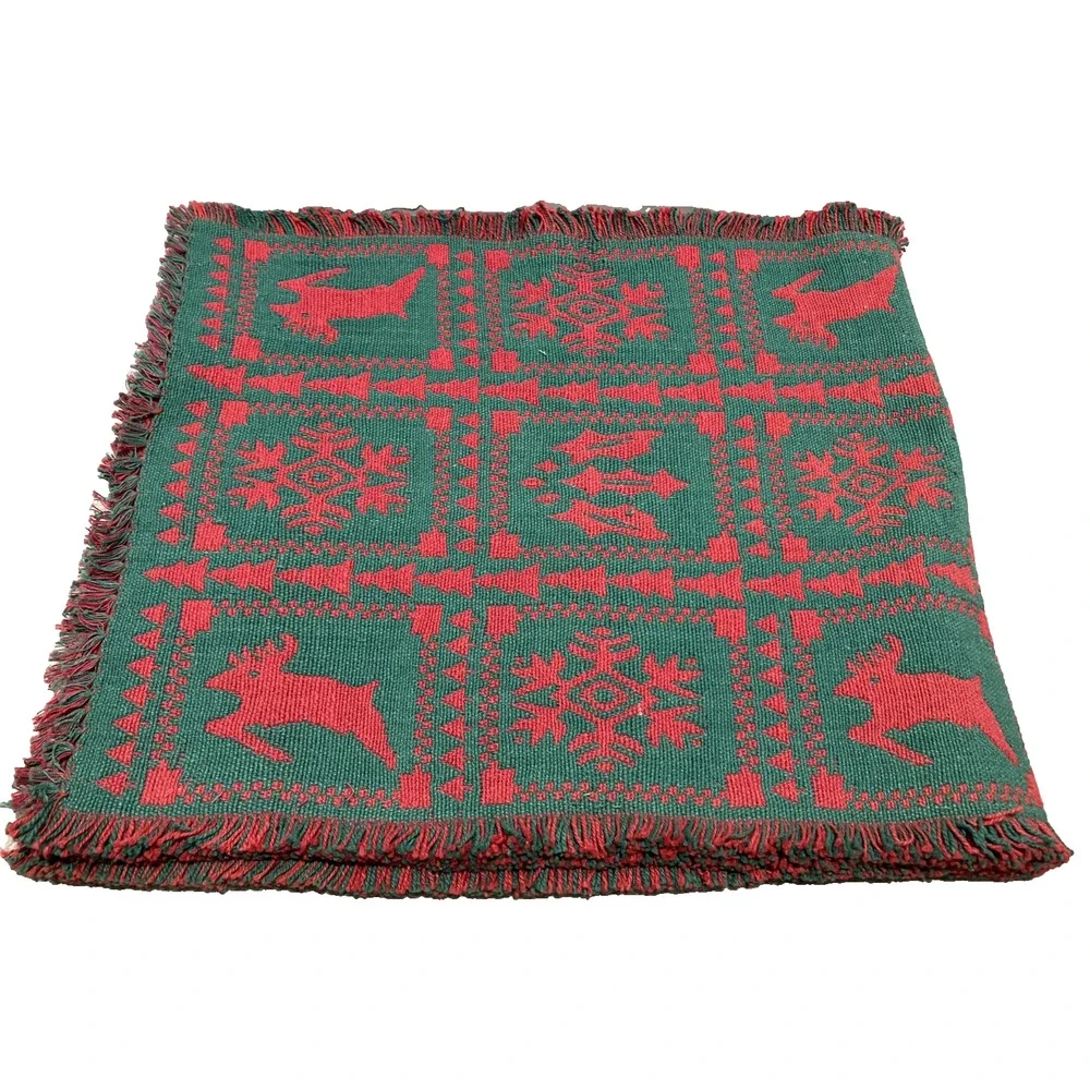Christmas Tapestry Red Green Woven Table Runner 15x70 Reindeer Snowflake Vintage